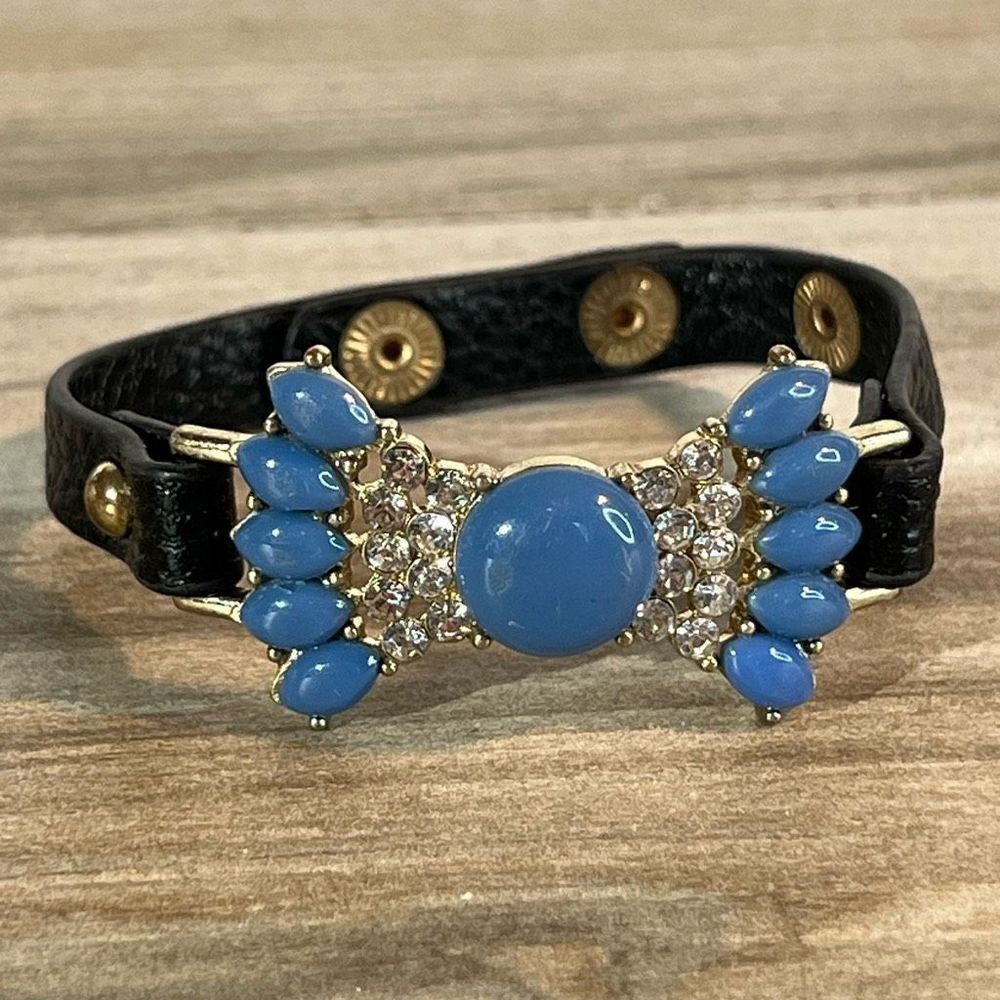 B & B Italia Rhinestone Beaded Bow Leather Wrap Bangle Bracelet Classic Boho